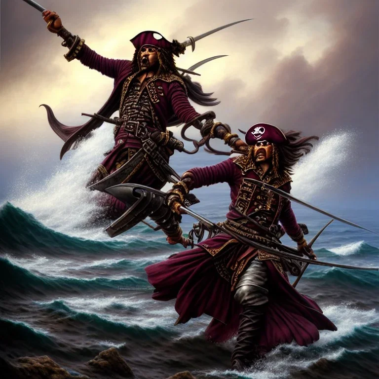 a pirate warrior in maroon and black full battle armor, a highly detailed illustration, background of giant crashing ocean waves, realistic render, 8 k, micro detail, intricate, elegant, centered, digital painting, Artstation, smooth, sharp focus, illustration, artgerm, tomasz alen kopera, peter mohrbacher, donato giancola, joseph christian leyendecker, wlop, boris vallejo