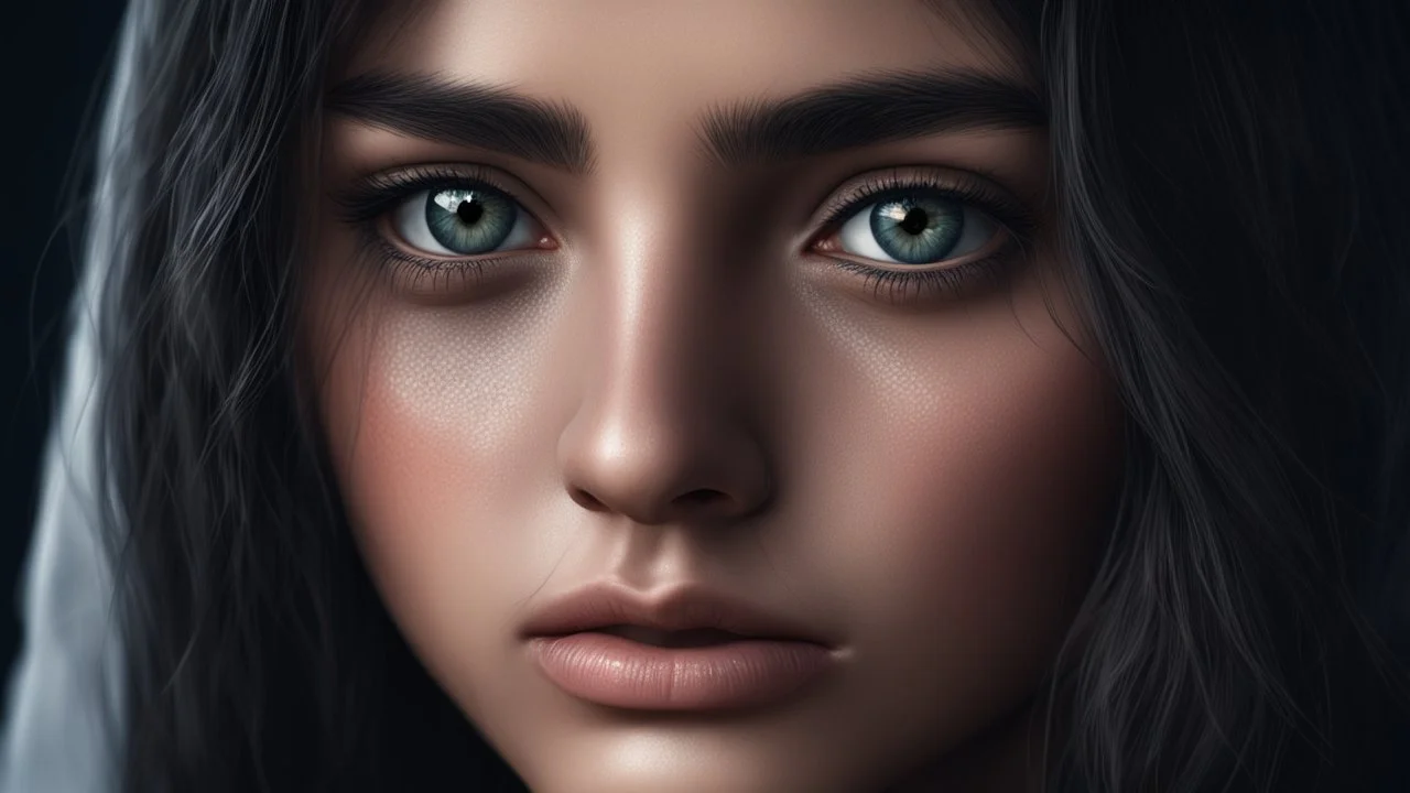 Hyper Realistic closeup-face-view of a Sad-Young-Beautiful-Pashto-Woman-with-beautiful-eyes-with-tears-&-long-black-hair at dark night