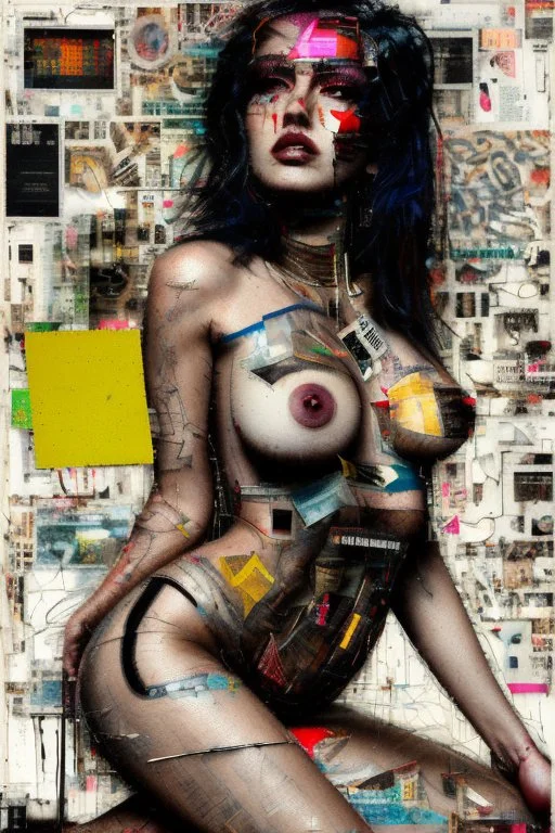 Ultra detailed medium portrait painting of a half naked woman sitting on a chair, no nudity, bended over, dark room with little light coming from an open door behind her, torn up collage of clippings, broken circuitry background, matrix effects, punk visual art, punk art aesthetic, graffiti art, pop surrealism, collage art, cluttered paint glitches