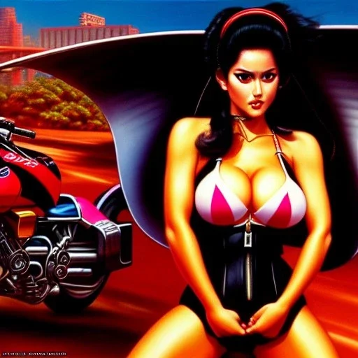 portrait of busty beautiful 'Female Rider on Akira Bike(1988)',painting by Earl Norem, simon Bisley, evan lee, 86-86, oil on canvas, cinematic composition, extreme detail,fit full head inside picture,8k