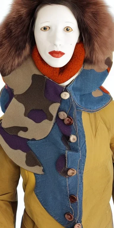 Image shows wholly a young fleshy Brunette woman. average body type. Mantle is sewed of recycled Denim and sewed together of camouflage pieces. Camouflage colors are orange,terracotta, cream and purple. Cream latex gaiter. More yellow(Munsell)!!!Big bright purple/khaki felt tippet and cream or blue or lilac colored-hood. mantle is merged with satchel. . AKG-style headphones (gold rings!) is merged with small felt cap with small visor. Style: Haute Couture in 1936, Paris fashion in 2023.