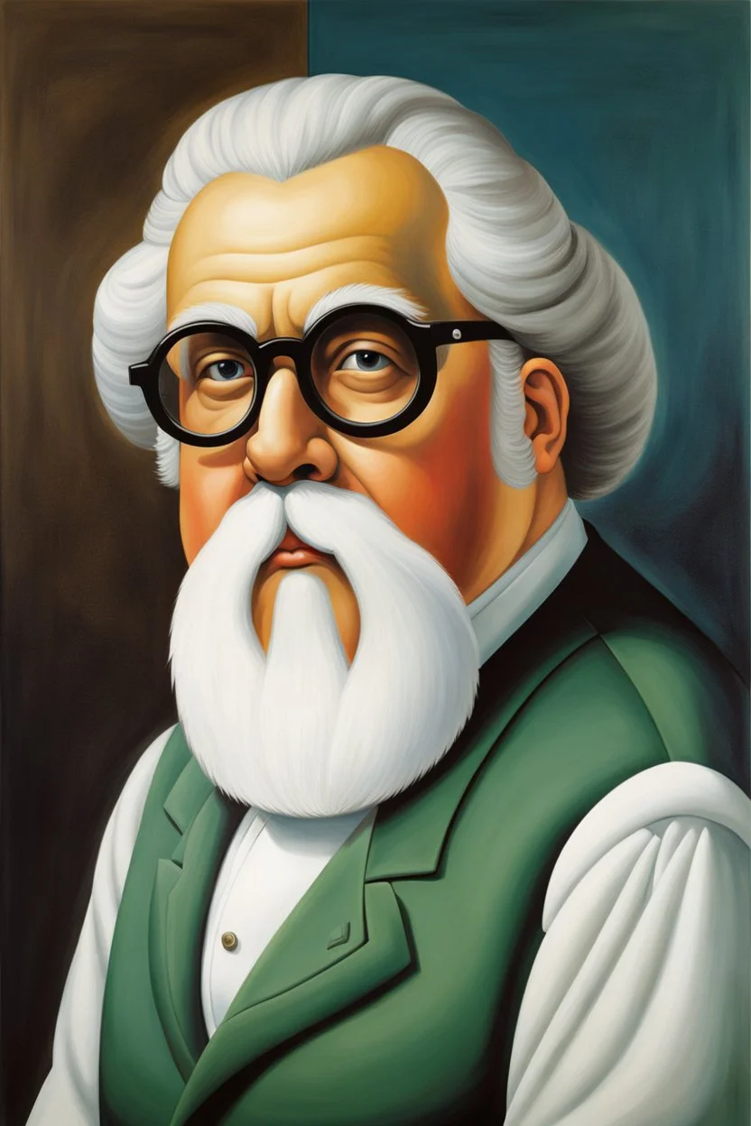 Pintura del pintor Fernando Botero, con gafas redondas y barba blanca, cuerpo completo, arte de tinta, calidad ultra, 8k, cuerpo completo