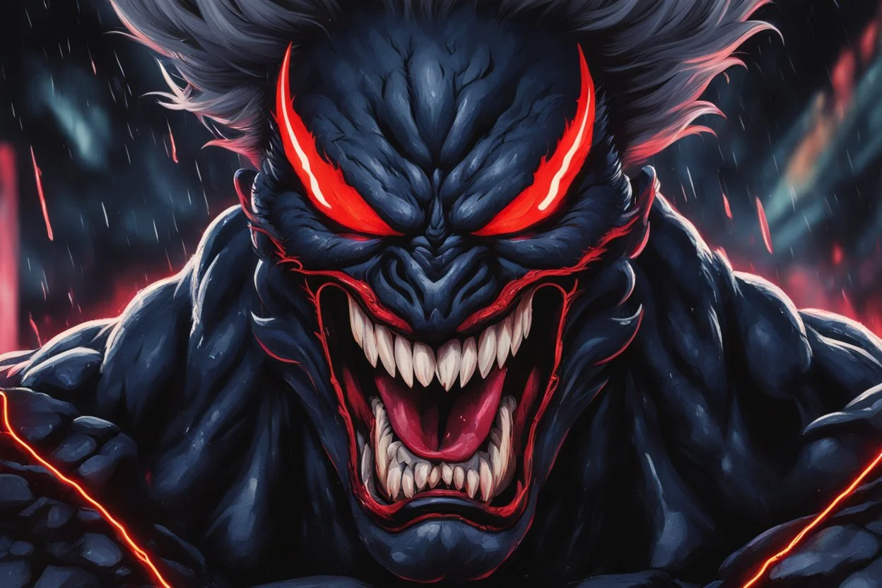 Venom Akuma in 8k Hayao Miyazaki draw style, street fighter them, neon effect, close picture, rain, highly detailed, high details, detailed portrait, masterpiece,ultra detailed, ultra quality