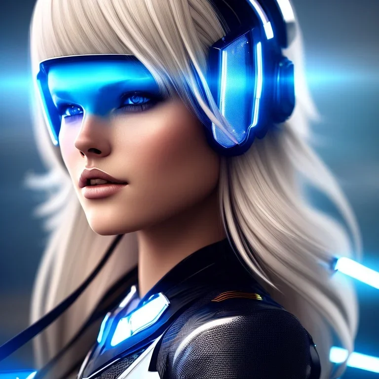 A beautiful portrait of a cute blond cyberpunk woman, high key lighting, volumetric light high details with white stripes and feathers and blue celtic paterns and helmet