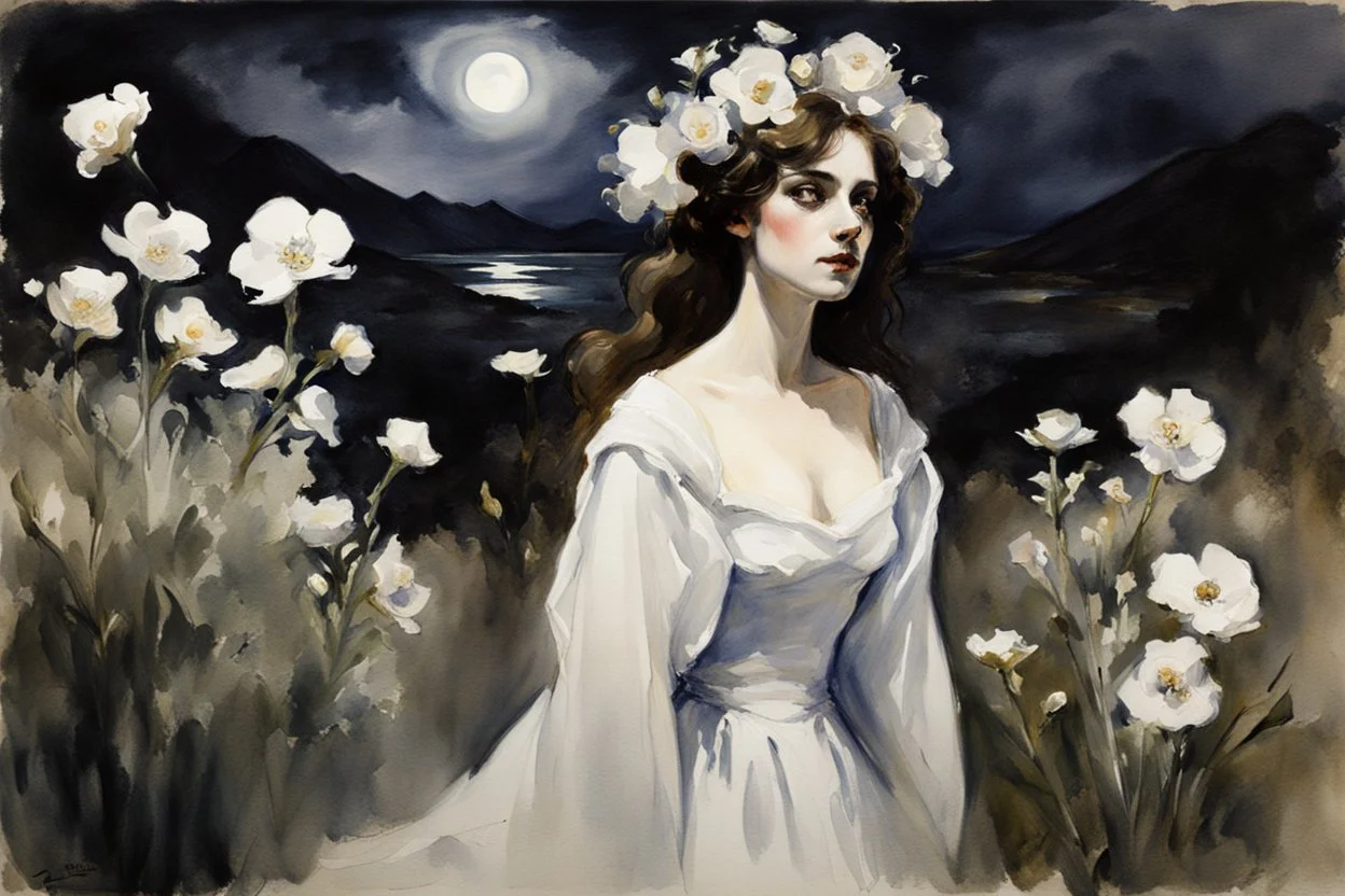 Night, one woman, white flowers, mountains, gothic horror films influence, john singer sargent watercolor paintings