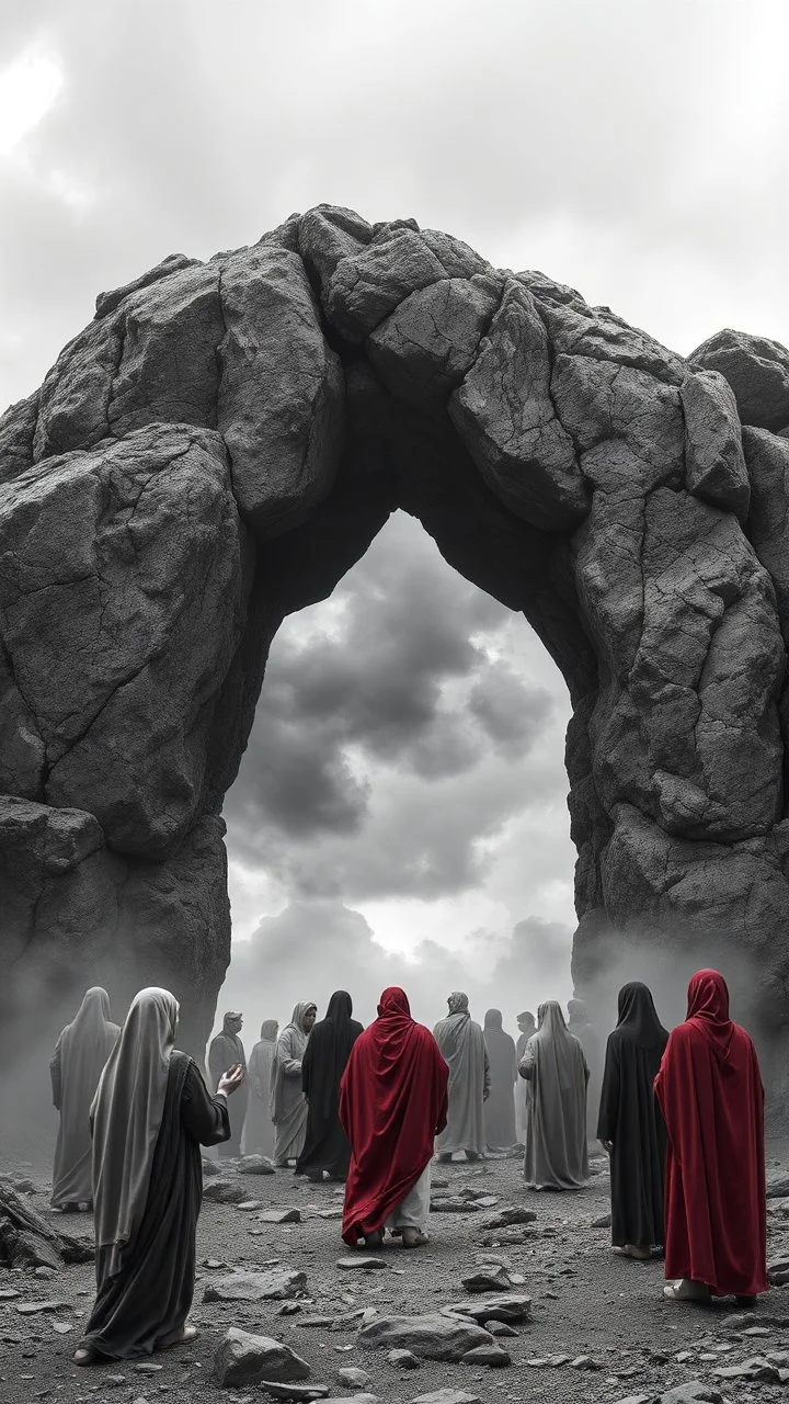 A depressing image thought is of pattera in Jordan sad and emotional thought-provoking image of A rocky portal the world of gray. Several people standing in the color world begging those in the gray All the people in the gray world are shades of grayscale. The 10 people in the gray are all sad and depressed several crying and weeping. Those beyond the portal in the color world are living and joyful.a stormy wether in the. Background