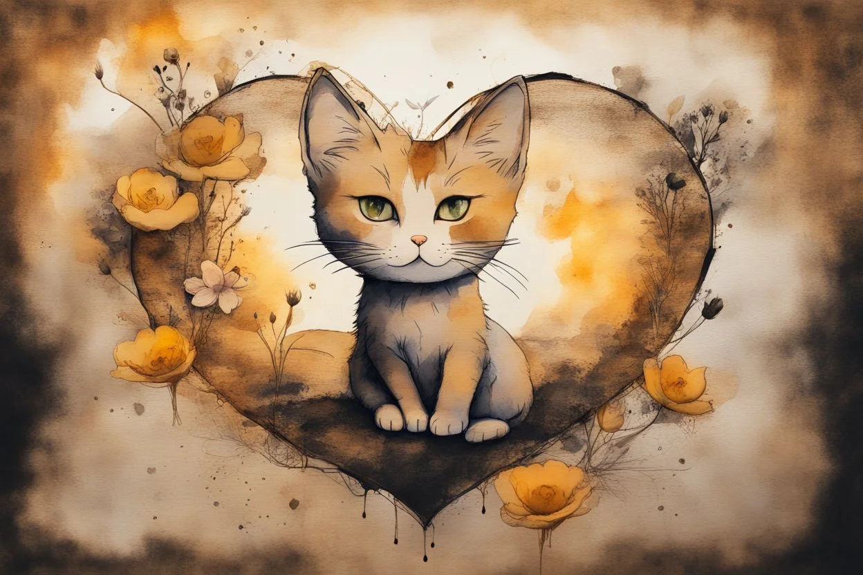 good night picture in ochre, double exposure, merged layers, burned burlap, cute chibi anime cat, beautiful surrealistic composition, melting watercolor and black ink on wet paper in sunshine, flowers, heart and love, ethereal, cinematic postprocessing