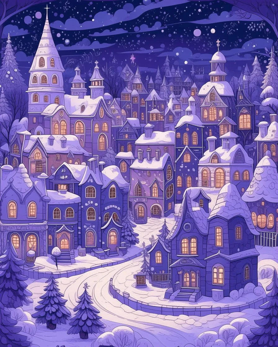 A violet Christmas themed town with falling snowflakes in Baroque art style