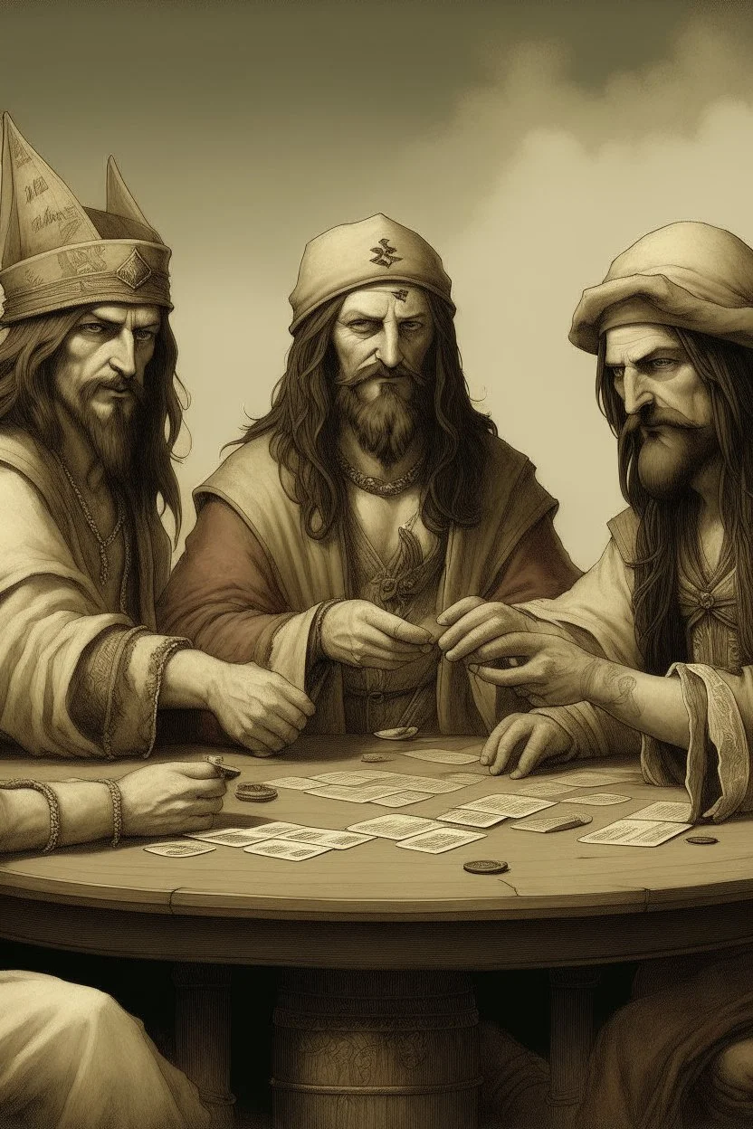 Jesus and some pirates friends smoking and playing cards, davinci.