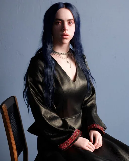 Billie Eilish, sitting on a chair, Black Short Dress, high detail, realistic