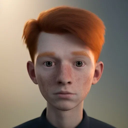 short redheaded boy with a long face and freckles , realistic, 8k,