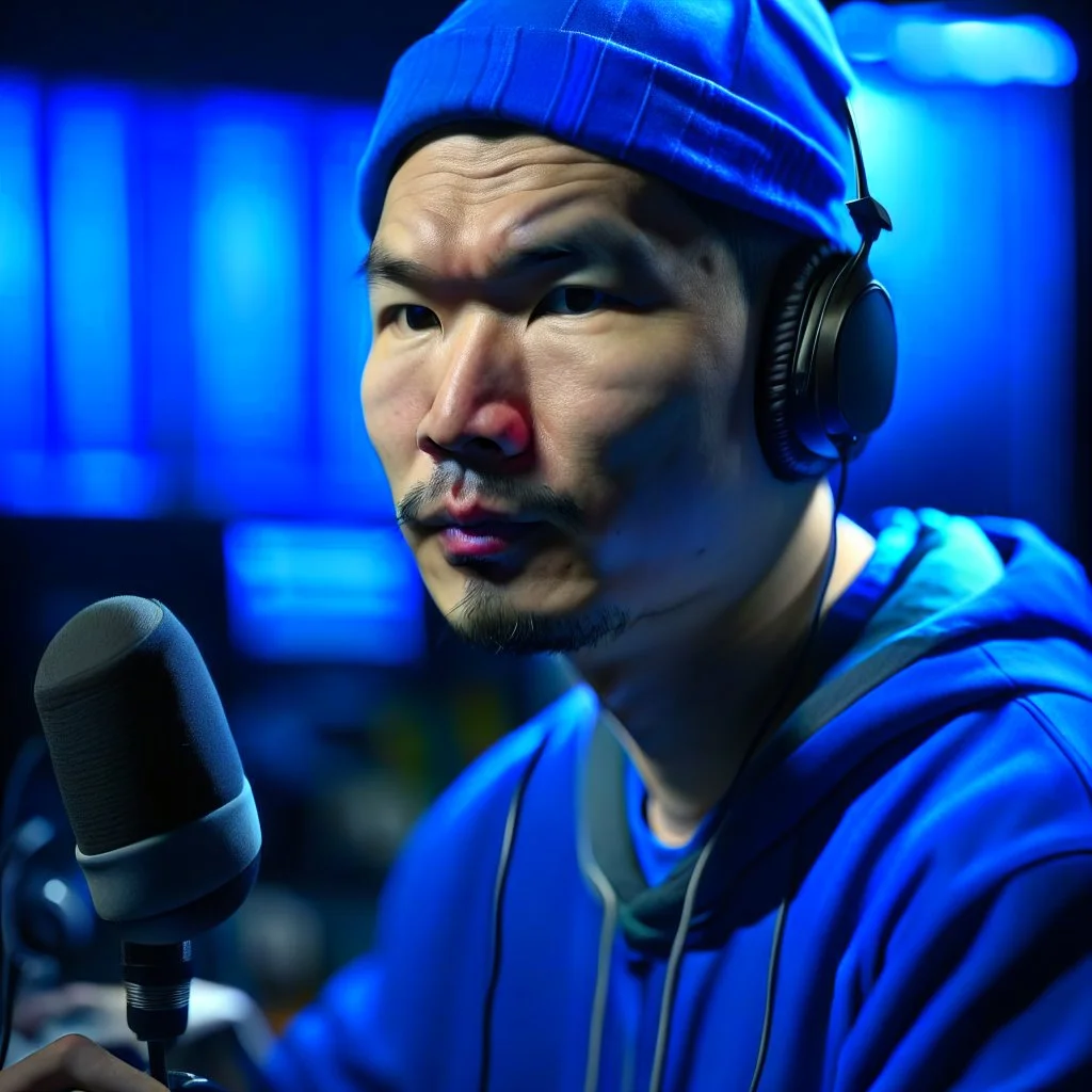 Christer Chao Solvang, norwegian chinese rapper in silver blue studio, young dark and handsome, with thick hairy eyebrows, and tiny mic, directing a debate, photo-realistic, shot on Hasselblad h6d-400c, zeiss prime lens, bokeh like f/0.8, tilt-shift lens 8k, high detail, smooth render, down-light, unreal engine, prize winning