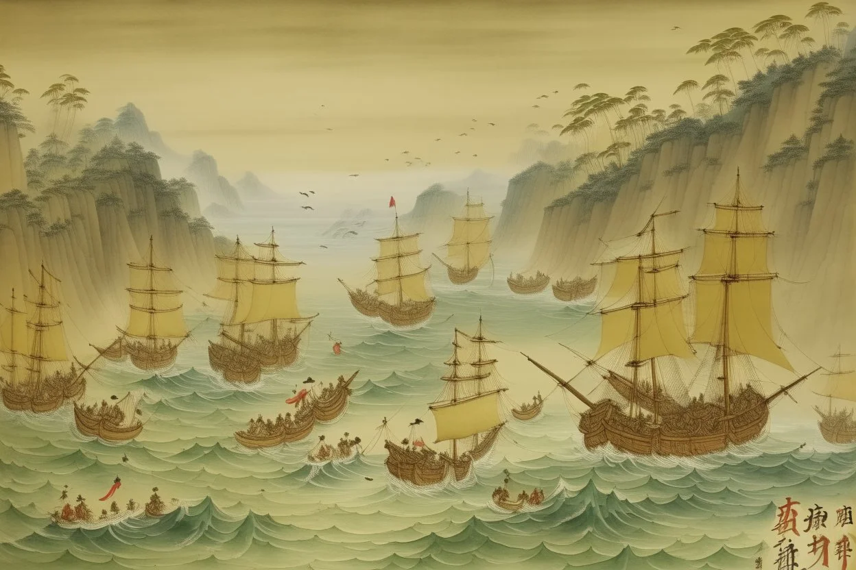 A yellowish white bay with pirate ships in a rainstorm painted by Qiu Ying