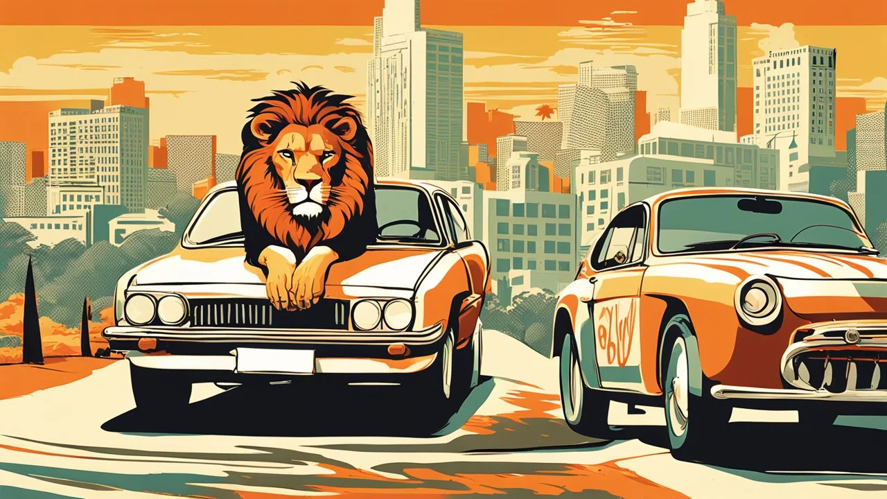 "I'm envisioning a sensational poster for '<Achayo> Vintage Rally Racing: Car vs. Lion Showdown.' The backdrop should showcase an Ethiopian cityscape, providing an urban setting for the vintage rally action. In the foreground, a stylish vintage rally car stands ready, its driver geared up for the ultimate showdown. Next to the car stands a majestic lion, symbolizing the power and strength of nature. Use earthy tones for the city background, vibrant colors for the rally car, and natural tones for