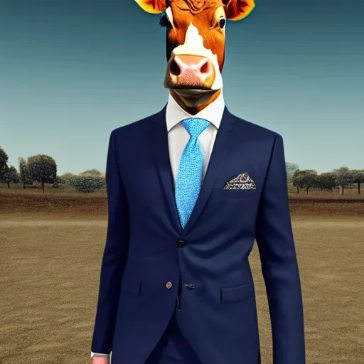 A cow wearing a suit and tie