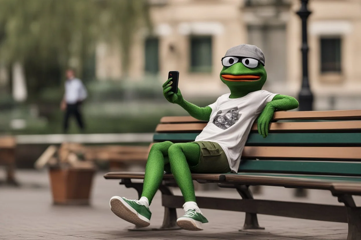 A cool Pepe sitting on the bench and get selfi