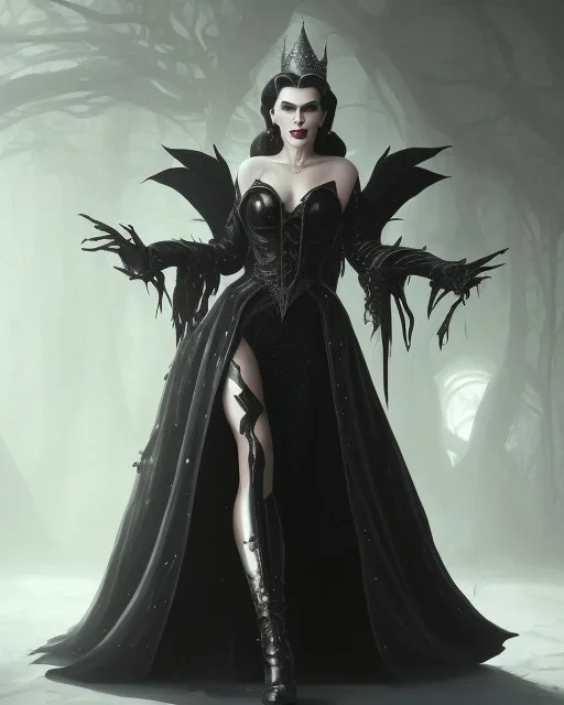 old evil queen in black leather gown, femme fatale, volouptous, busty, cleavage, angry, emperious, 8k resolution concept art portrait by Greg Rutkowski,