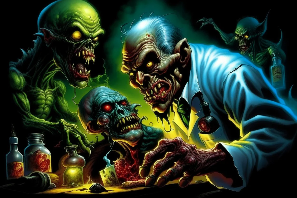 High_Quality_Art Digital Painting of Science experiment Horror surgeon Monster zombie creature by Richard Corben, Todd Schorr, T-Shirt Design, Black Background,