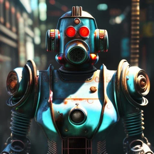 fallout 4 character, robot elvis on rollerskies in the streets of cyberpunk city, unreal, spray paint, clay