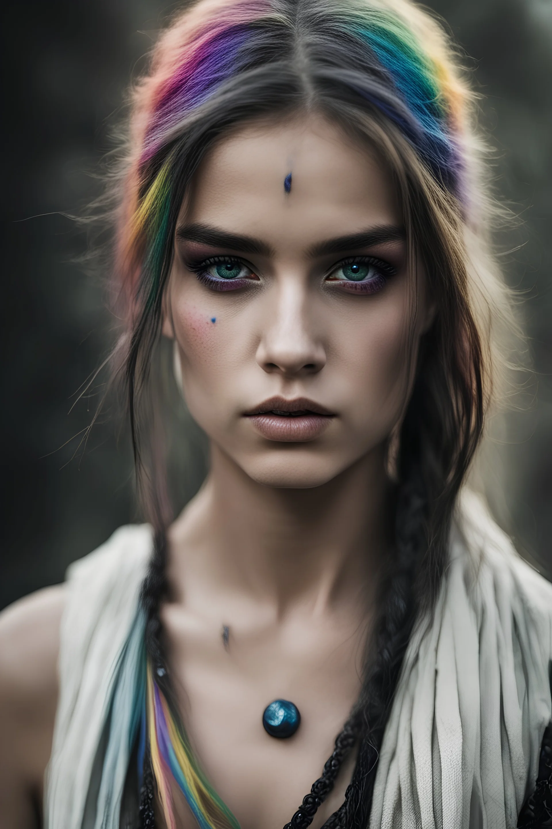 Photoreal gorgeous shot of beautiful girl with multi-colored eyes, warrior, strong, sad, resilient, vivid vertical rainbow on left side only forehead from hairline to eyebrow, long black tears below both eyes, full body, forgotten realms fantasy style by lee jeffries, otherworldly creature, in the style of fantasy movies, shot on Hasselblad h6d-400c, zeiss prime lens, bokeh like f/0.8, tilt-shift lens, 8k, high detail, smooth render, unreal engine 5, cinema 4d, HDR, dust effect, vivid color