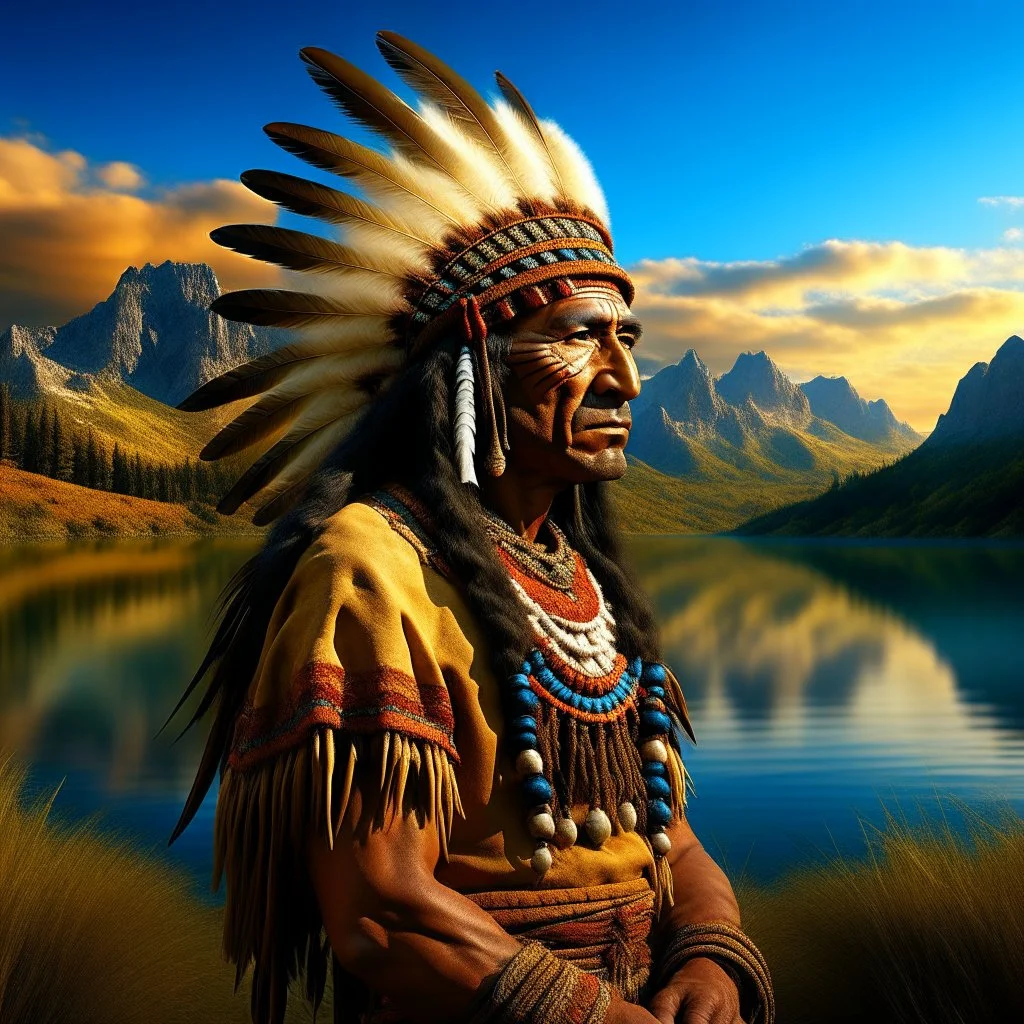 stunning 3D render of a painting in the style of Rembrandt featuring Winnetou, the chief of the Aachen tribe. Winnetou is depicted as a noble and wise leader, adorned with intricate feathers and a colorful headdress. The background portrays a vast, rugged landscape with a rocky mountain range and a serene lake, casting a warm golden glow. The overall atmosphere is a mix of both realism and dreamlike fantasy, reflecting Rembrandt's masterful use of light and shadow., illustration, 3d render, pain