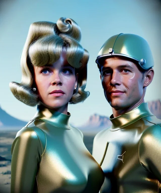 Ultra Realistic retro sci-fi image from 1960, sweet young woman Jane Fonda with a man, dress with tight latex coat and retro glass helmet, Retro sci-fi style, soft color, highly detailed, unreal engine 5, ray tracing, RTX, lumen lighting, ultra detail, volumetric lighting, 3d, finely drawn, high definition, high resolution.