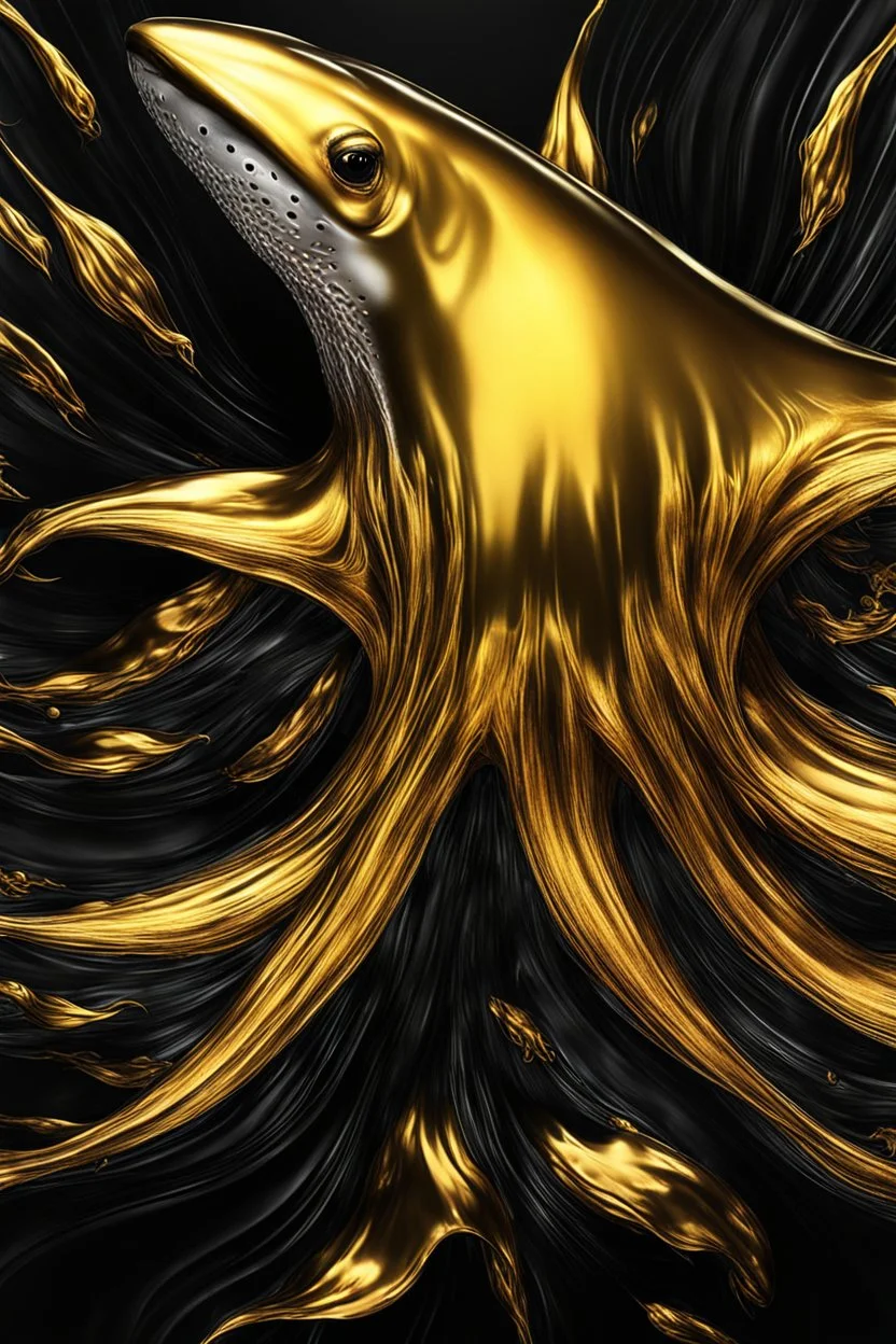 ultra high image quality, Close-up of a shark squid god resembling liquid gold, fins rippling like molten metal, set against AMOLED-worthy pure black backdrop, fantasy art style infused with a golden filter, tailored for vertical wallpaper, exclusive design with no duplicates, radiating beauty suitable for a PC screen image, vivid colors, ultra fine, digital painting.