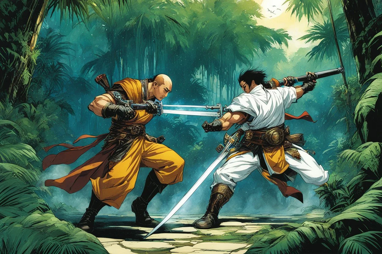 (in the style of Orion, by Masamune Shirow) a gangsta monk fight against a paladin knight in the jungle