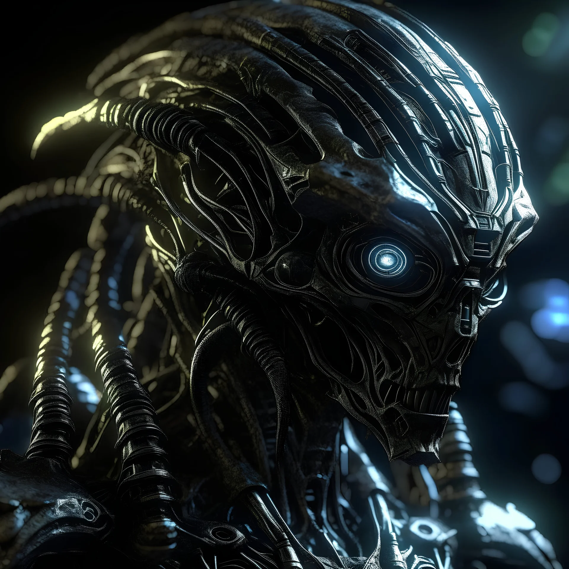 space, alien dark fantasy, silver king, intricate details, insane details, volumetric lighting, ominous atmosphere, ominus lights, close up, spectral atmosphere, challenge viewer