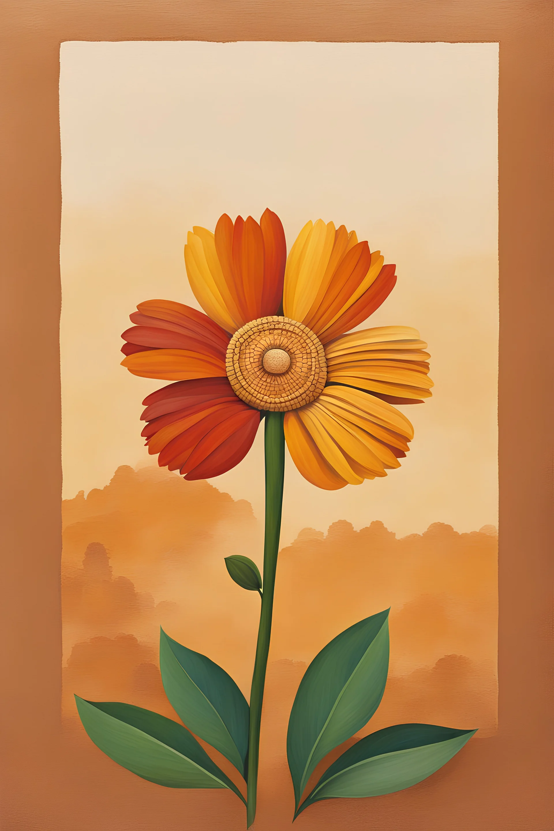 Create a minimalist painting of mayan culture single flower, earthen background