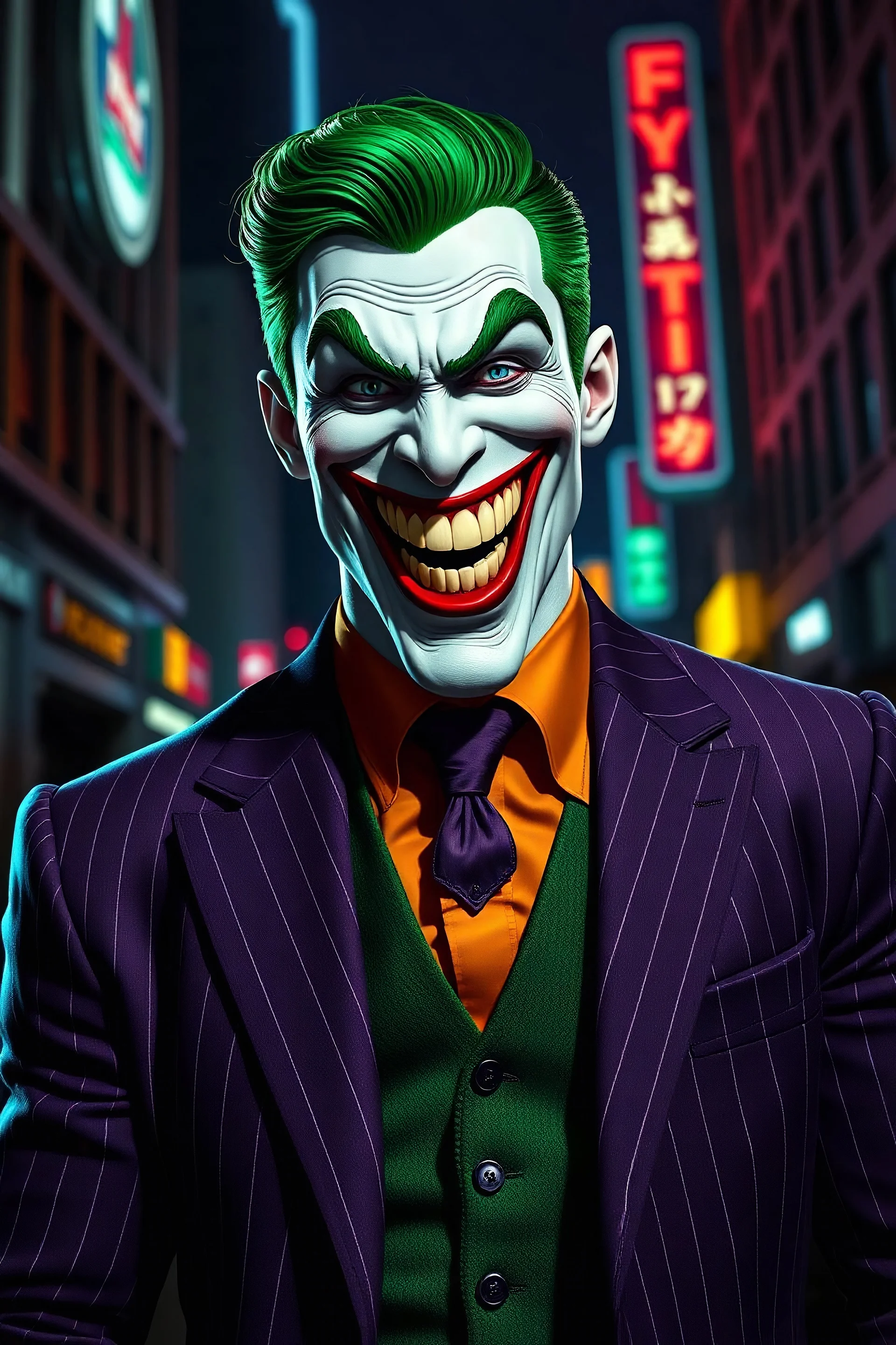The Laughing Man - A tall, muscular 20-year-old man, with (((Short, crew cut wavy green hair tapered on the sides and back:1.5))), his face is white with red lips permanently stuck in an evil grimace/smile, he has thick, bushy green eyebrows He wears a purple pinstriped jacket over a green waistcoat and an orange button up shirt with a purple tie, ((Photorealistic)), ((Cinematic Lighting)), the background is a Dark, neon lit city