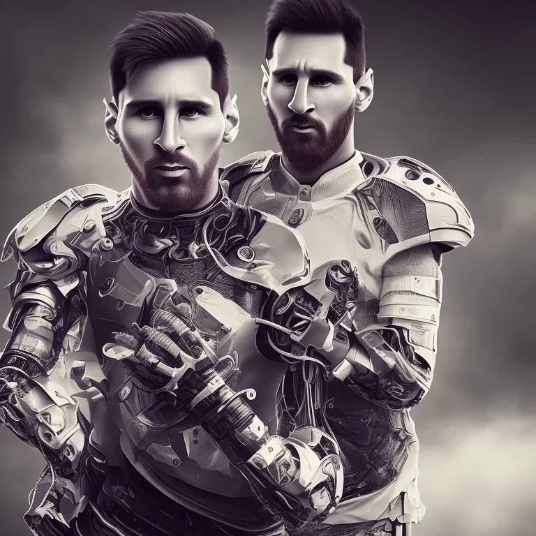 lionel messi perfect face and portrait post-apocalypse perfect cyborgs in a footbal stadium, sci-fi fantasy style, 8k,dark