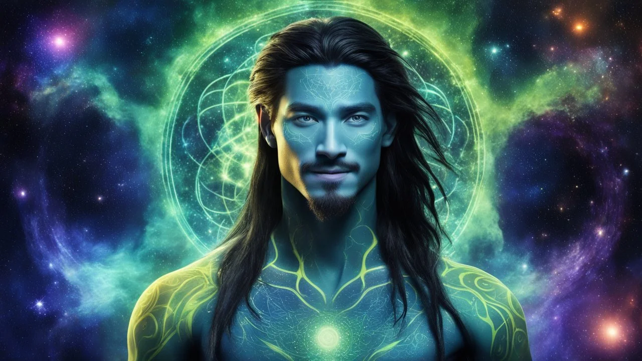 beautiful gorgeous young man na'vi with long hair, Avatar, blue skin, two small ears, green eyes, black hair, in cosmic suit, galactic ambiance, medium pointy goatee , smiling, nebulas and sacred geometry light figures on the backgroud,