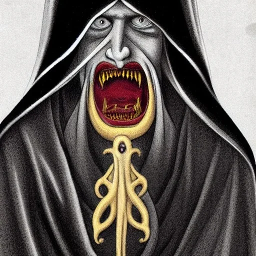 Nosferatu with four yellow eyes with tentacle beard grey skin and vampire fangs as a Russian Orthodox bishop