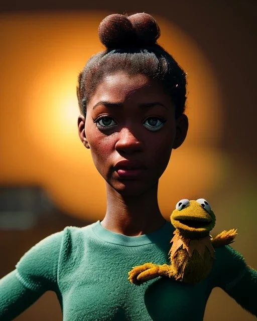 Realistic image, hybrid sexy woman with muppet Sesame Street head, portrait, concept art, smooth, unreal engine 5, god lights, ray tracing, RTX, lumen lighting, ultra detail, volumetric lighting, 3d, finely drawn, high definition, 4k.