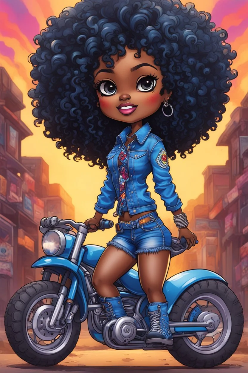 create an pshchedelic art illustration of a chibi cartoon voluptuous black female wearing a blue jean outfit with a tie dye tshirt with biker boots. Prominent make up with hazel eyes. Extremely highly detail of a tight curly black and shiny afro. Background of a bike show