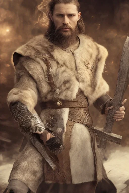 Viking style, 8K, a Highly detailed stunning portrait of Dom man with a kneeling submissive woman, white suit, beard, and short hair, bad boy,