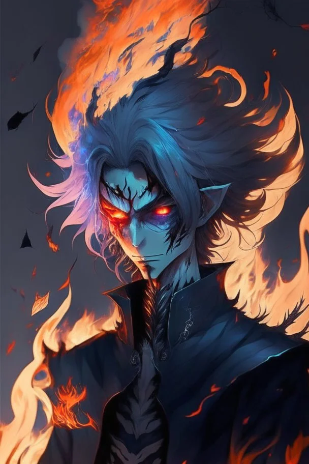 Anime with wight hair and black clothes and power fire and eyes of sharengan