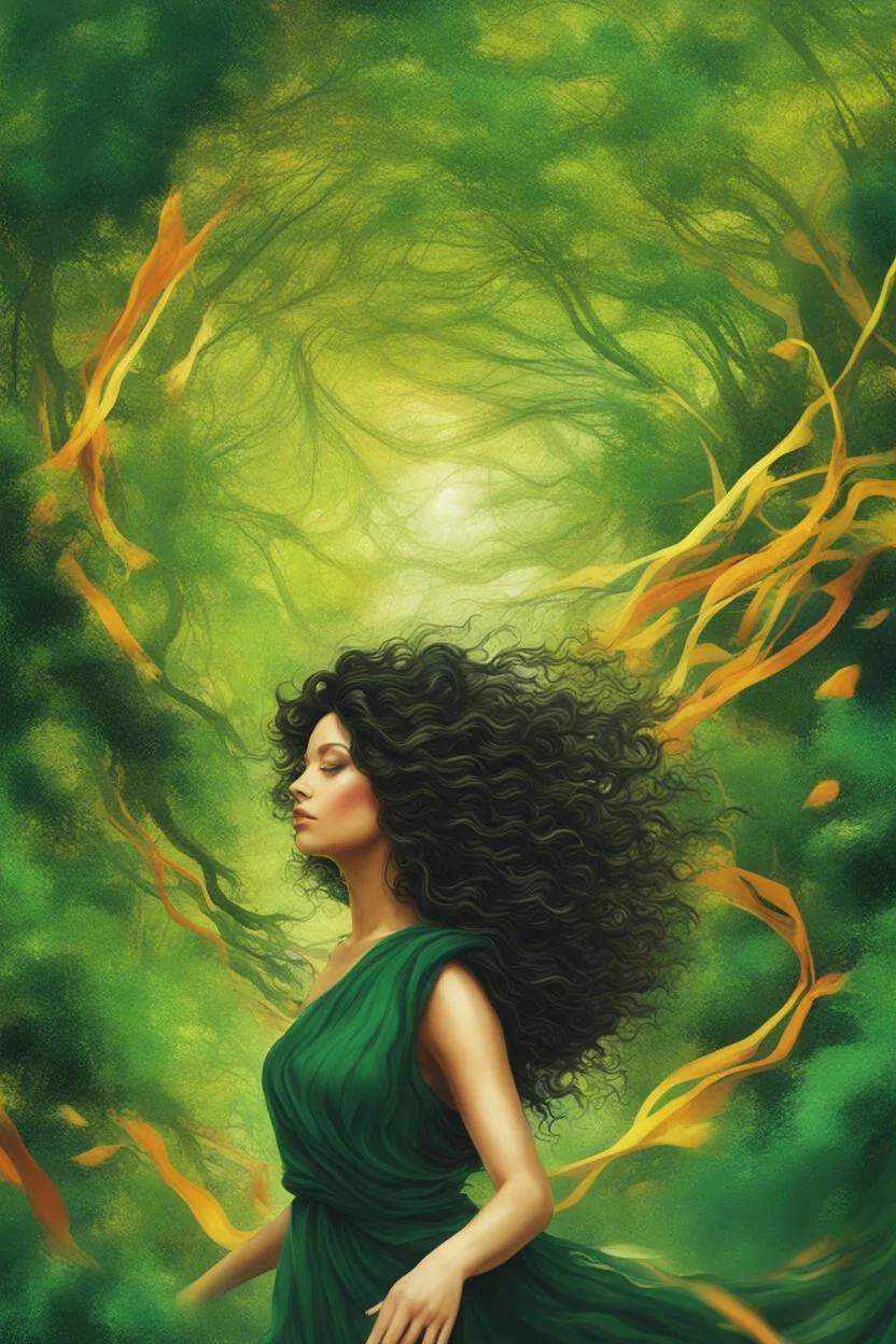 abstract creation of a beautiful girl with black curly hair, surrounded by green forest, wrapped in tree routes, wind blowing, summer and bright colours, chaos, realistic, 8k