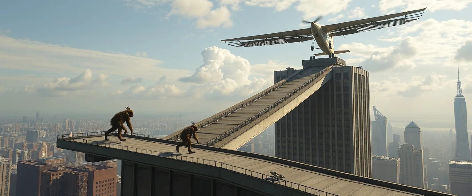 a skyscraper ramp branches so that small aircraft can take off from the roof, and yetis can walk around