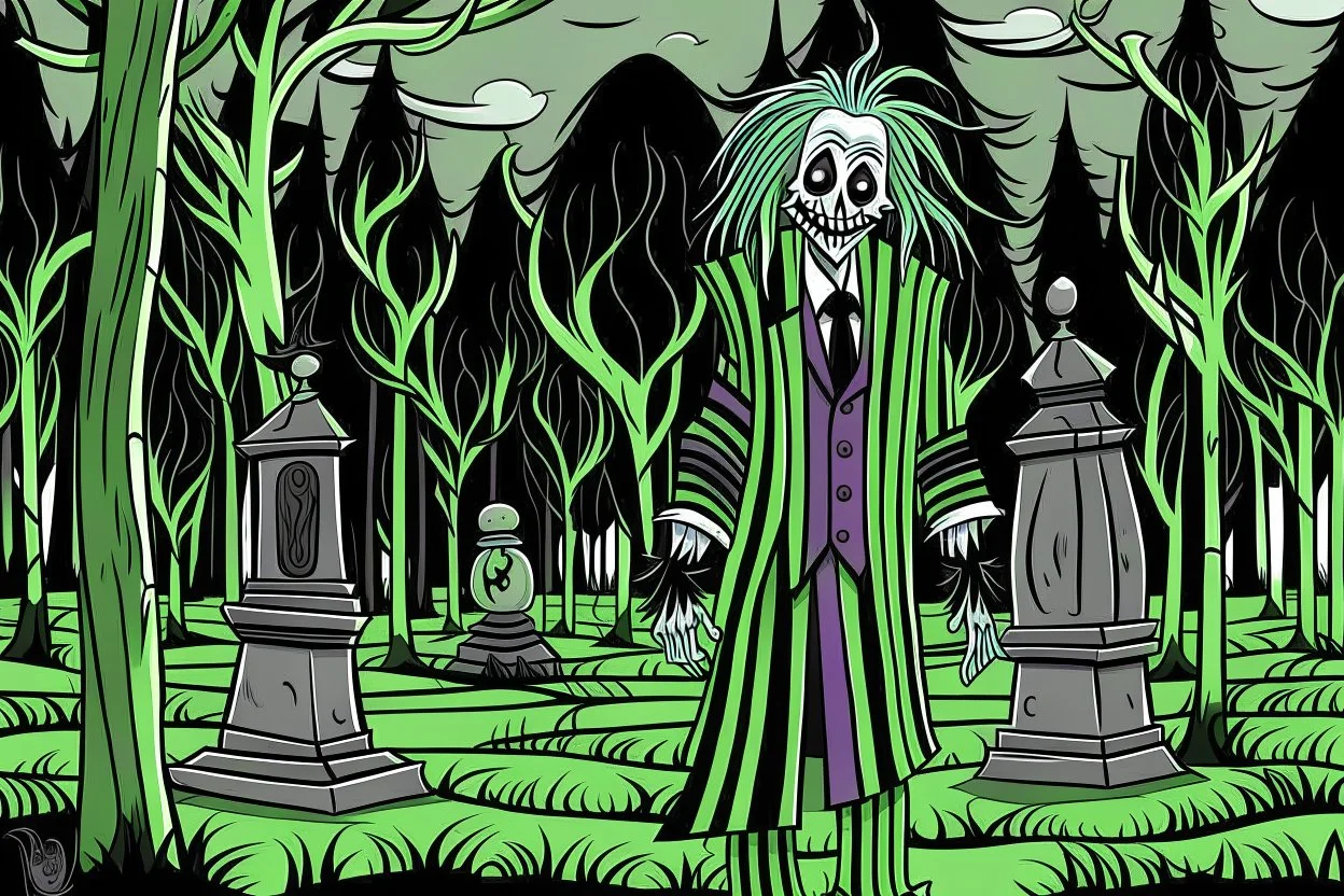 Halloween Beetlejuice style in color in the graveyard