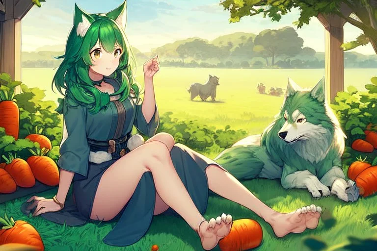 Girl, green hair, wolf paws in hand, farm, sit, wolf paws in feet, blushed, eat a carrot