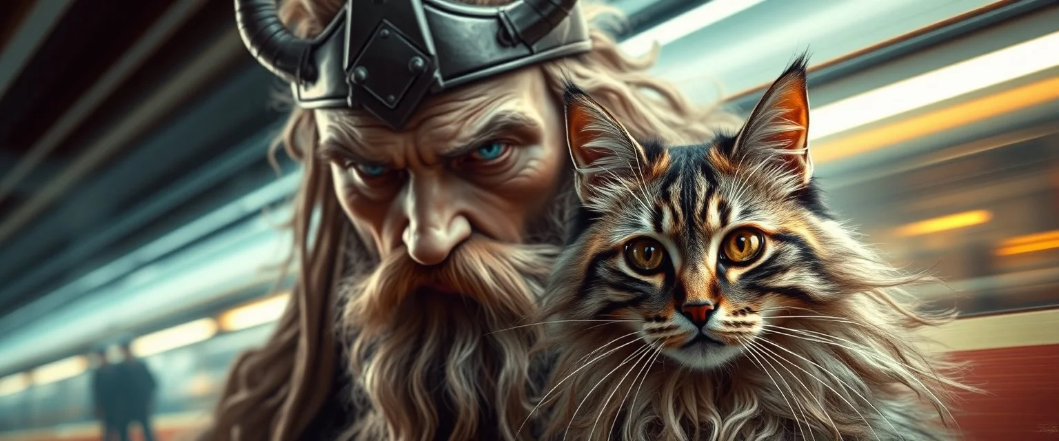 high class realism, dented skin, victorian era, cyber punk, A really close up portrait of one viking individually mutated with hairy wigs glowing, and a long haired cat that just came out of a violent twister with its long hair twisted, background blur, high speed train, book cover, terrorists