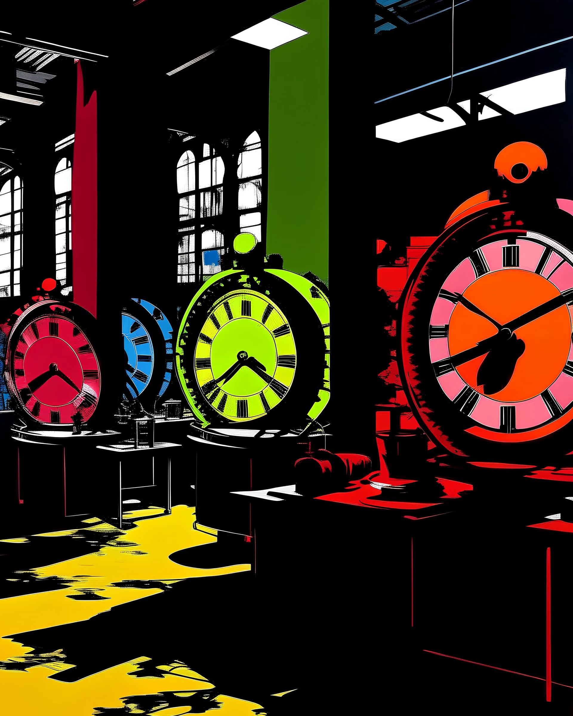 A clockwork factory painted by Andy Warhol