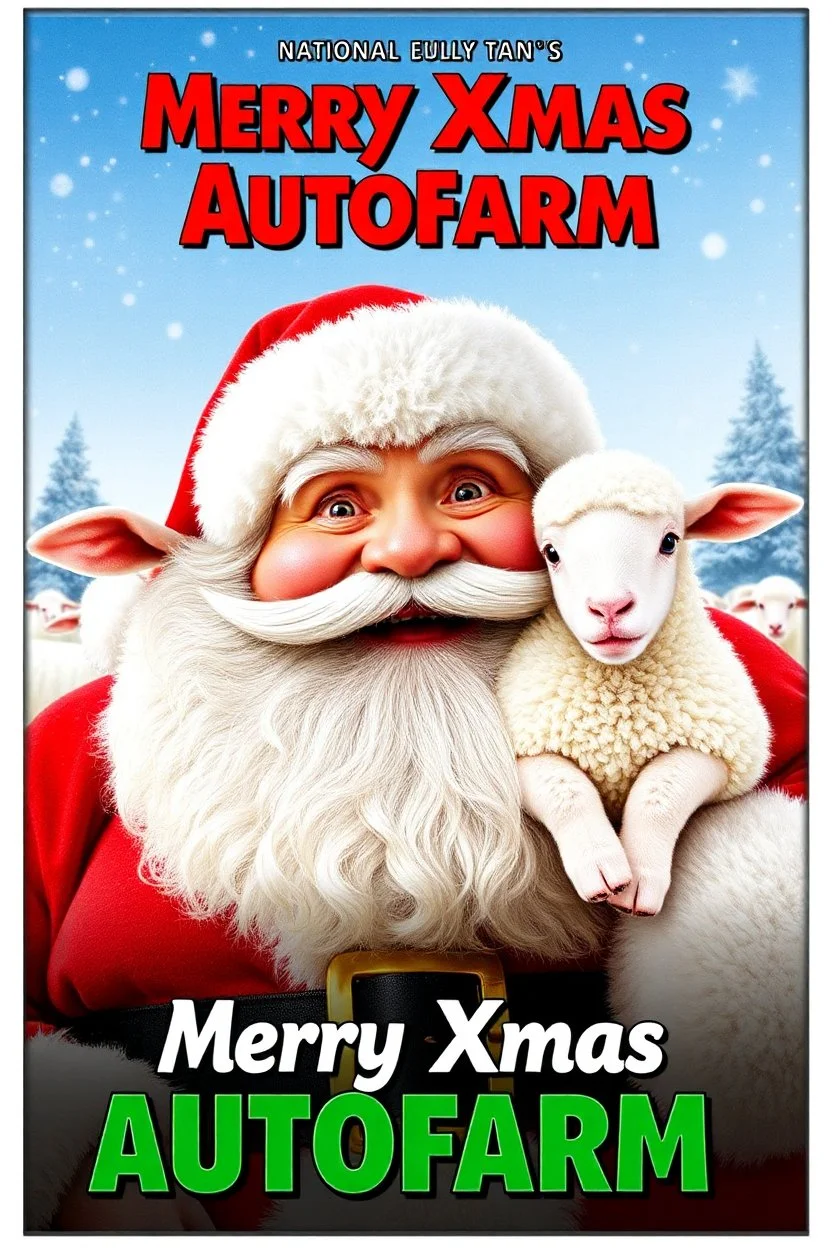 Create a 1990s-style movie poster featuring a jolly, portly Santa Claus merged with a fluffy, endearing sheep. The poster should capture the festive and comedic spirit of 'National Lampoon's Christmas Vacation.' Include the title 'Merry Xmas Autofarm' prominently, with a nostalgic and humorous holiday vibe. Use bright, cheerful colors and playful elements to make the poster stand out.