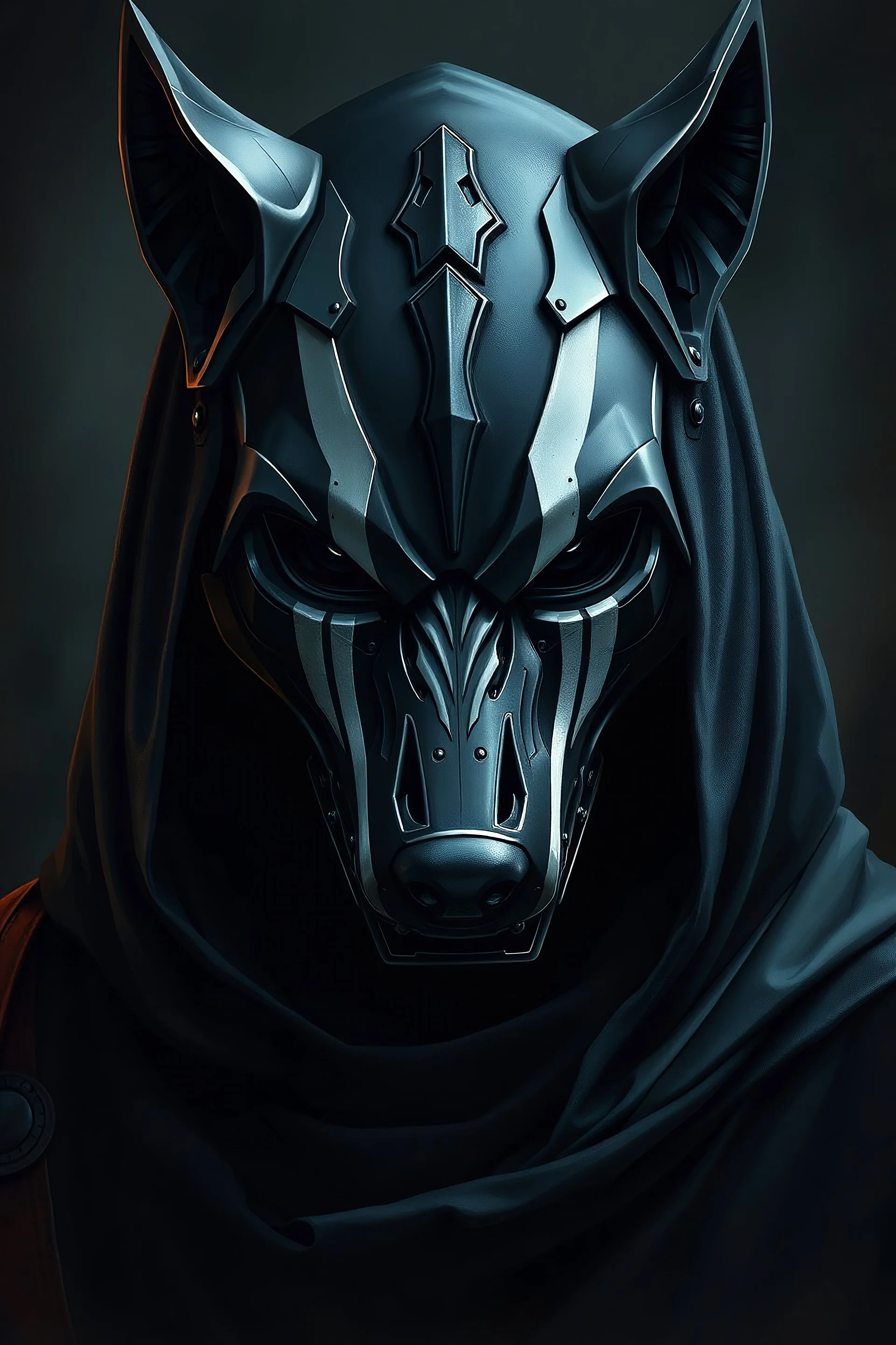 Fantasy cultist wearing elegant mechanical black wolf mask with three white stripes painted on the mask and black cloak. airbrush painting art style