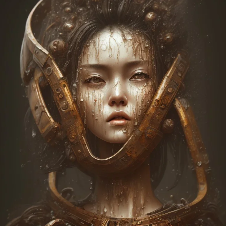 an abstract painting of rusted wood, woman japanese with big breast, big black hair,wet face, Viking style, 8K, a Highly detailed stunning full frame portrait, wide-angle view, a realistic face, volumetric lighting, volumetric clouds