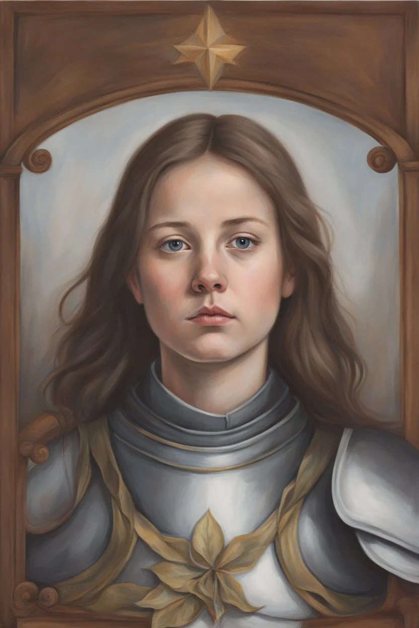 Portrait Art **Featured Art:** Narrative Portrait Series: Create a series of narrative portraits depicting different moments in Joan of Arc's life. Each portrait could be accompanied by a brief narrative that explores the themes of courage, conviction, and sacrifice. The series would invite viewers to reflect on their own values and beliefs, encouraging them to stand up for what they believe in. **Appearance:** portrait of Joan of Arc (a French women patron saint of France, honored as a defender