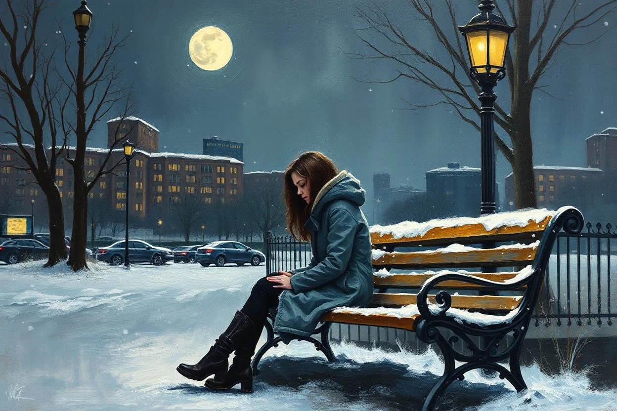 Painting of a lonely young woman . snowy night. sitting on a park bench. cityscape. full moon. night time oil painting. expressive brush strokes. solitude. pensive mood. Urban Melancholy