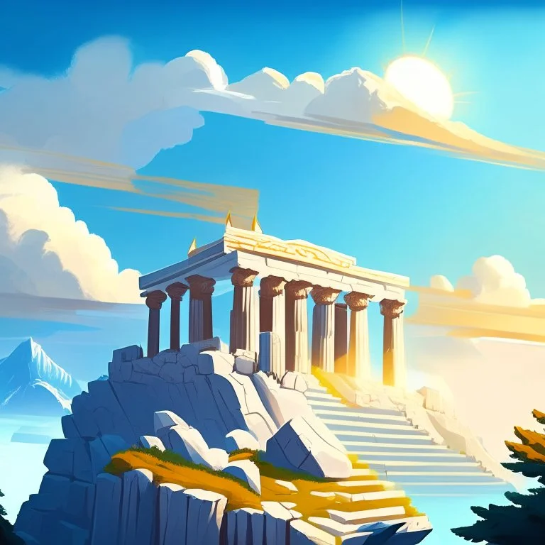 mount olympus from the greek mythology. High up in the mountains. Illustration. Cloudy. Sun behind the temple of ZEUZ.